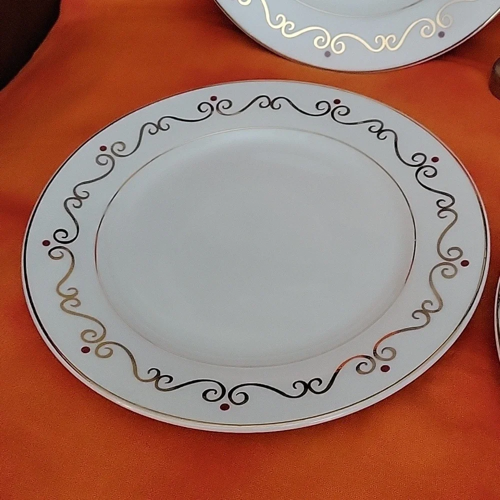 Pier 1 Holiday Scroll Salad Plate Gold Rimmed Ivory Red Dot